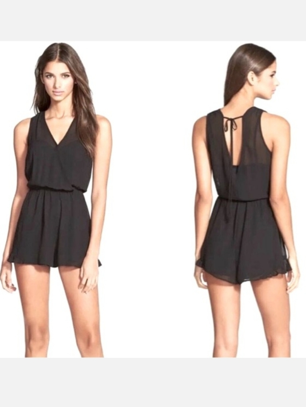 ASTR The Label Black Sleeveless V-Neck Chiffon Romper